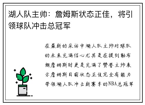 湖人队主帅：詹姆斯状态正佳，将引领球队冲击总冠军